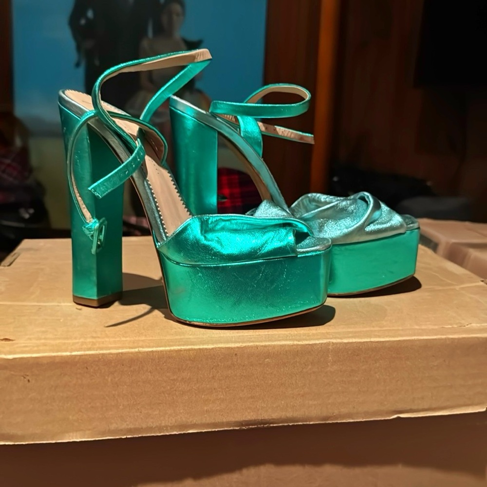 Giuseppe Zanotti teal green metallic Platform Sandals with Chunky Heel 38